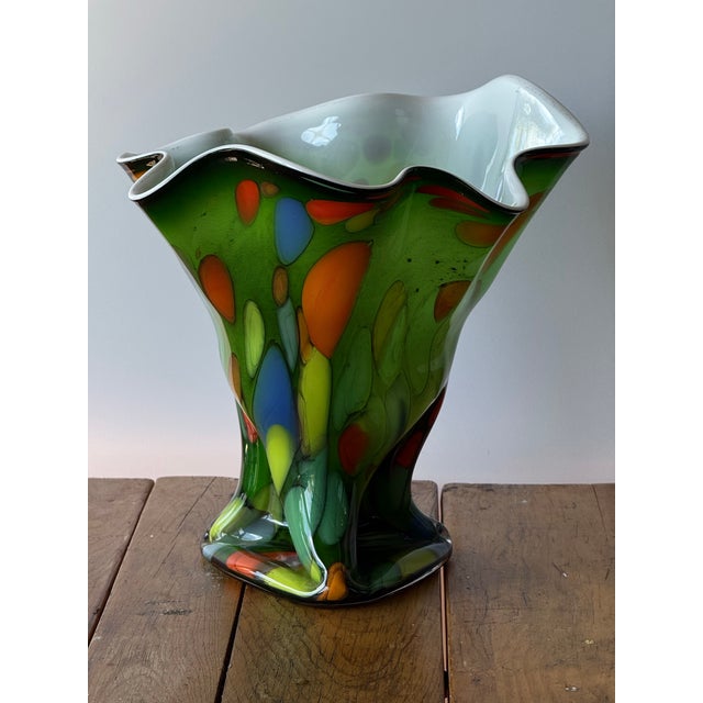 An exceptional and substantial vintage mid-century modern hand-blown art glass fazzoletto (handkerchief) centerpiece vase....