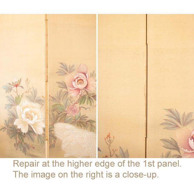 "White Peacock & Peony" by Ryumin, Large Vintage Japanese Painted Silk Byobu Screen For Sale - Image 15 of 18