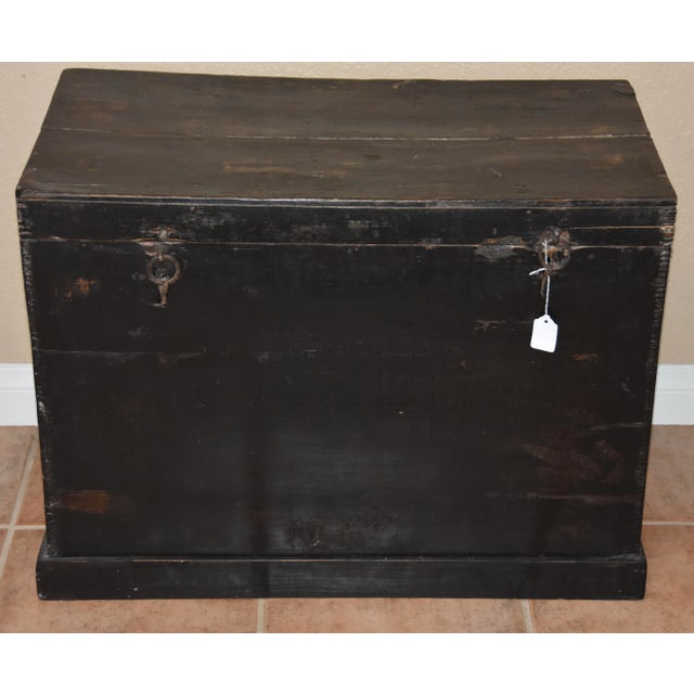 Antique Chinese Lacquer Hand Painted Coffer Carved Elm Wood Chest/Trunk For Sale In Palm Springs - Image 6 of 9
