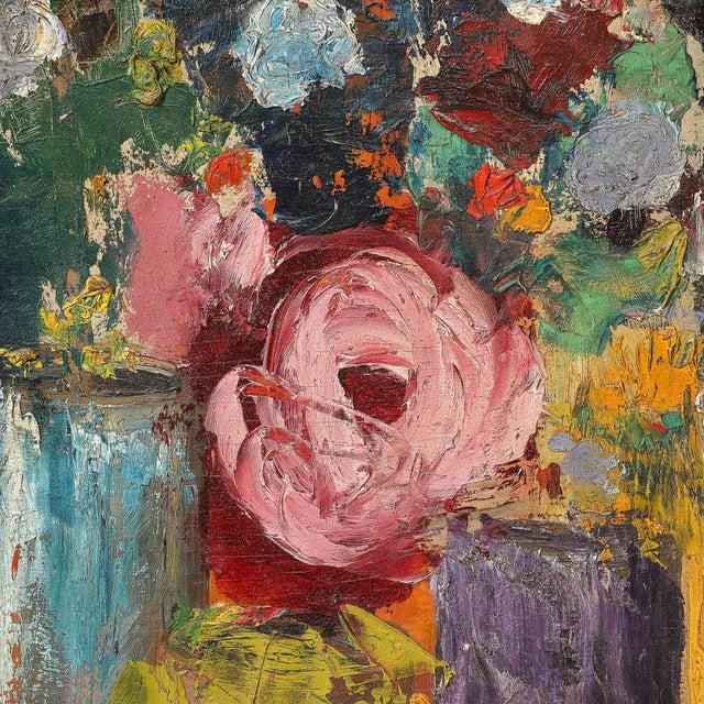 Yellow Impressionist Oil on Canvas Still Life of Flowers in Vases For Sale - Image 8 of 11
