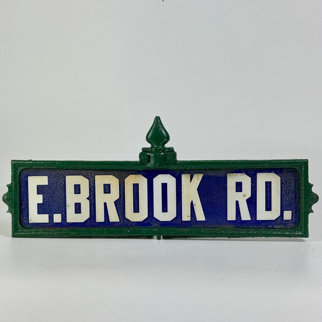 Art Deco Early 20th Century Double Sided Porcelain Enamel Street Sign in Cast Iron Ornate Frame For Sale - Image 3 of 11