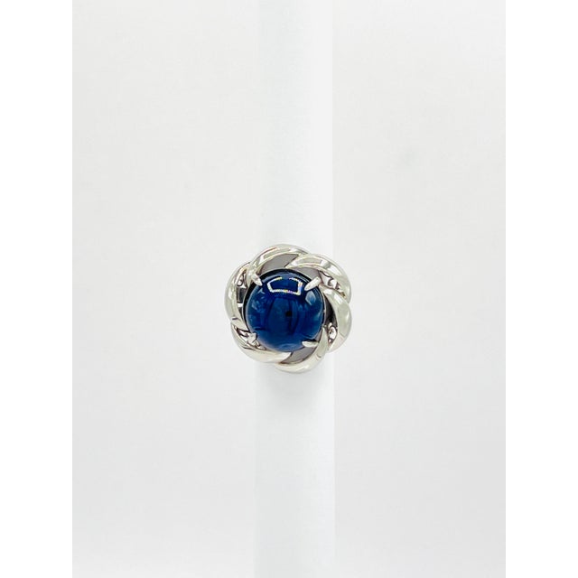 Metal Mid 20th Century Gia Sri Lanka Blue Sapphire Cabochon Ring in Platinum Size 6.75 For Sale - Image 7 of 8