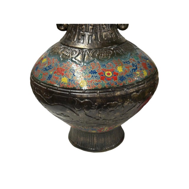 Ceramic Orient Bronze Glaze Dragon Handle Color Floral Motif Ceramic Vase For Sale - Image 7 of 15