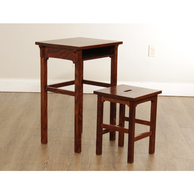 Antique Arts & Crafts Mission Oak Telephone Table with Stool A Pair