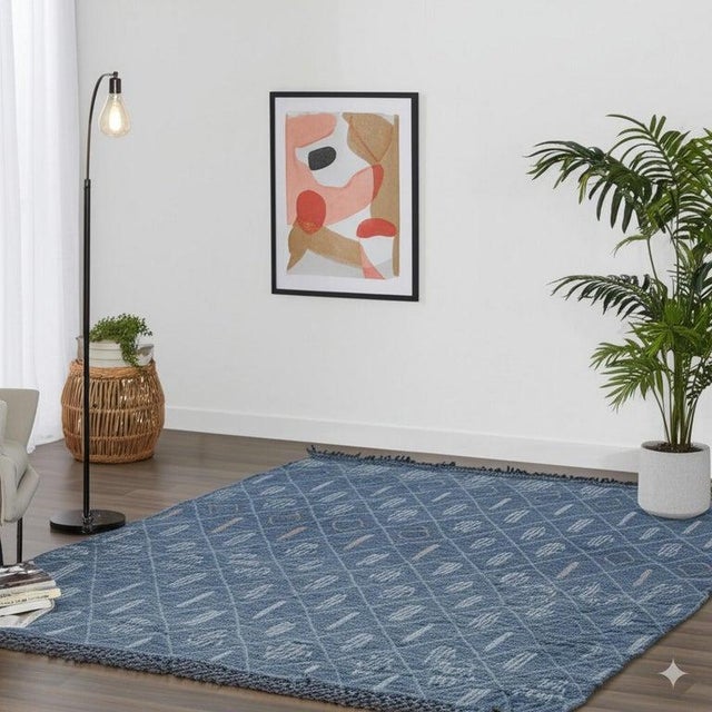 Textile 8x11 Blue Hand-Knotted Wool Diamond Lattice Stripes Tribal Modern Carpet Rug For Sale - Image 7 of 8