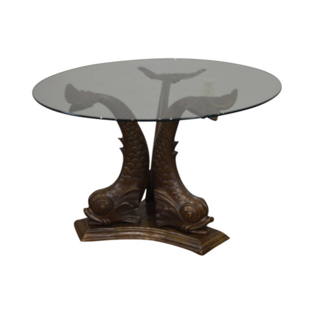 Italian Bronze Tri Dolphin Base Round Glass Top Dining or Center