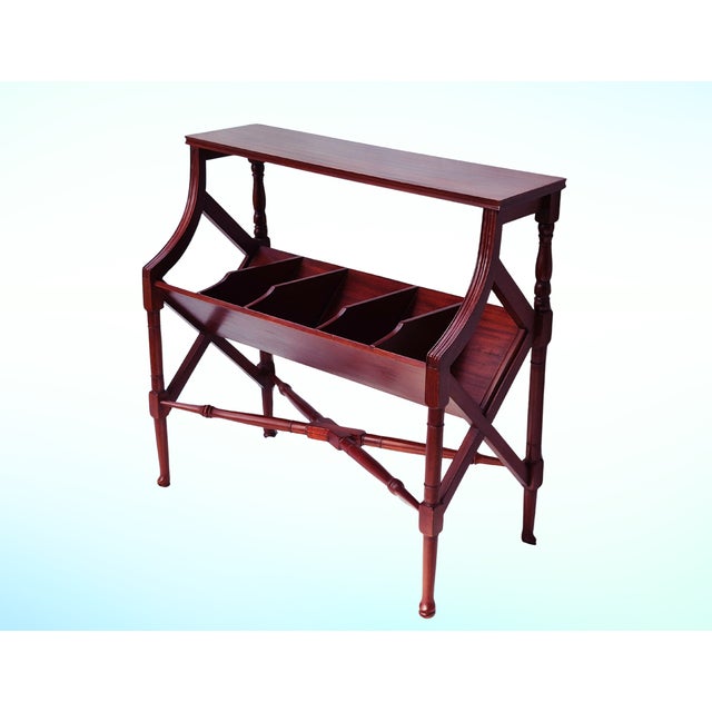 This striking Edwardian/Regency style reproduction book trough console table features solid mahogany construction with...