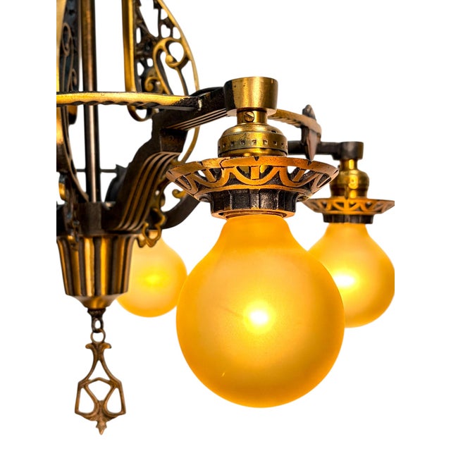 Metal 1920s Cast Bronze 5 Light Chandelier in Spectacular Original Condition #2622 For Sale - Image 7 of 12