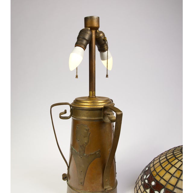 Copper Arts and Crafts Copper and Brass Vase Table Lamp With Leaded Glass Shade, Attributed Stickley Brothers, Circa 1903 For Sale - Image 8 of 9