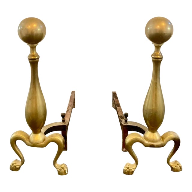 Vintage Cannonball Brass Andirons—a Pair For Sale