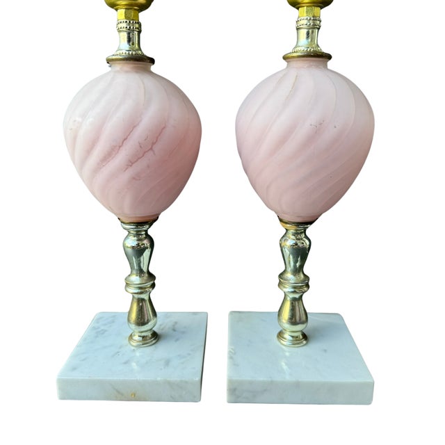 Vintage French Pink Satin Glass Boudoir Lamps – Pair with Marble Bases – Art Deco Vanity Lighting Bring soft, romantic...