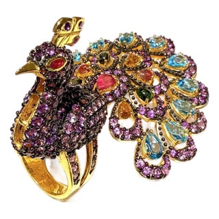 Bochic "Peacock" Vintage Diamond, Sapphire, Ruby & Gem Ring Set 18K Gold & Silver For Sale