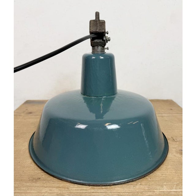 Industrial Petrol Enamel Factory Lamp with Cast Iron Top, 1960s For Sale - Image 16 of 18