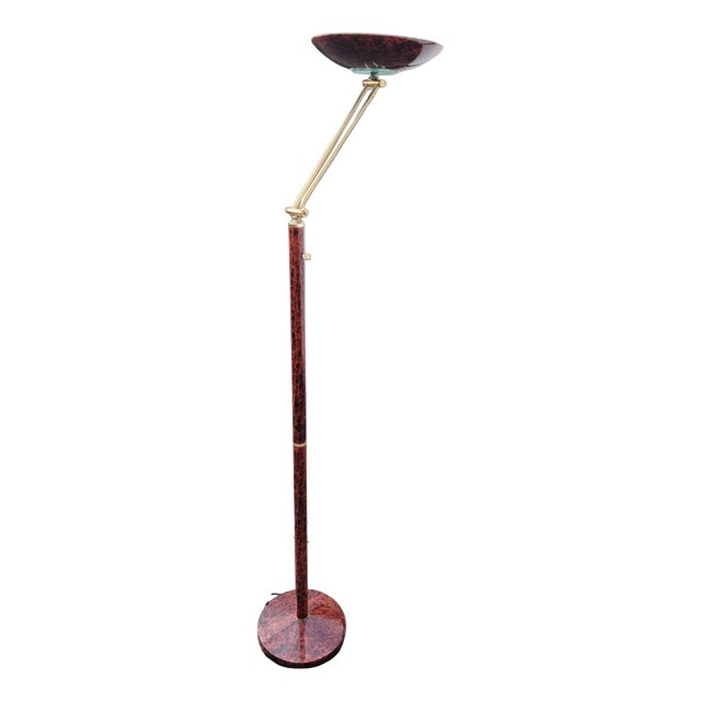 Mid-Century Italian Lacquered Goatskin & Brass Adjustable Torchiere Floor Lamp, 1950s For Sale