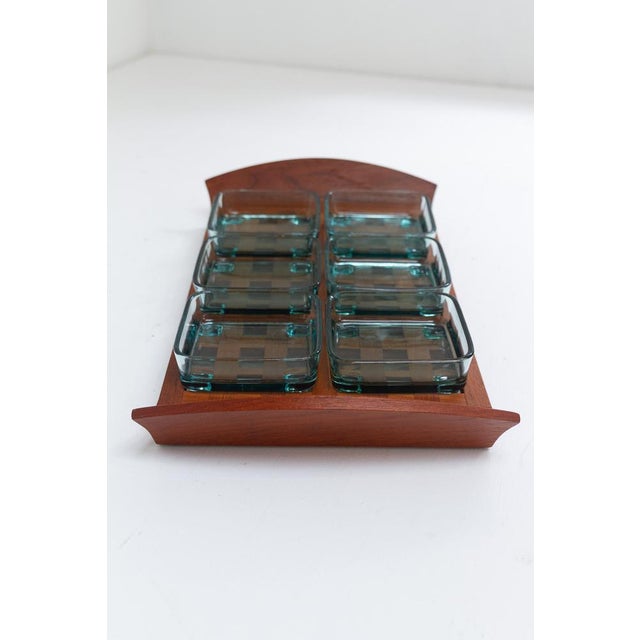 Mid-Century Modern Vintage Danish Teak Tray with Glass Bowls from Jens Harald Quistgaard, 1960s, Set of 7 For Sale - Image 3 of 12