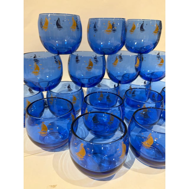 Vintage Hazel Atlas Light Royal Cobalt Blue Cocktail Glasses With Sailboat Roly Poly - Set of 18 For Sale In Washington DC - Image 6 of 7