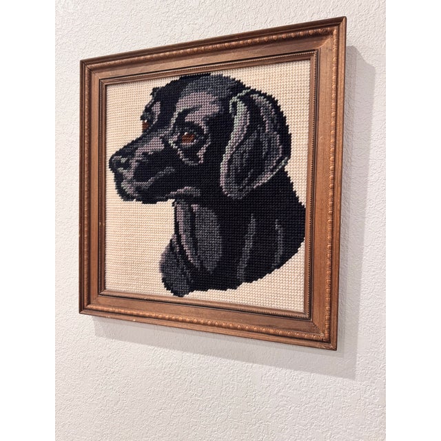 Vintage Framed Black Labrador Retriever Wool Needlepoint Textile Art For Sale - Image 4 of 4