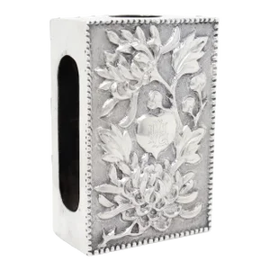 Antique Luen Wo Chinese Export Silver Matchbox Cover With Chrysanthemums