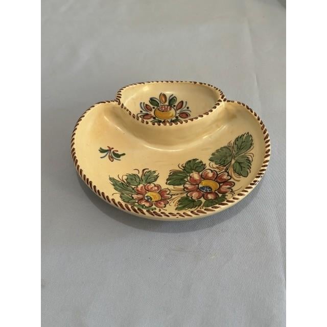 Handmade Spanish ceramic serving dish Very decorative - Multi-color Light tan with flowers T Two serving areas Stripped...
