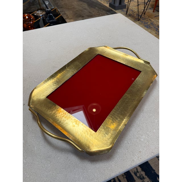 Italian Hammered Brass and Red Lacquer Serving Tray, Mid-Century For Sale In Los Angeles - Image 6 of 7