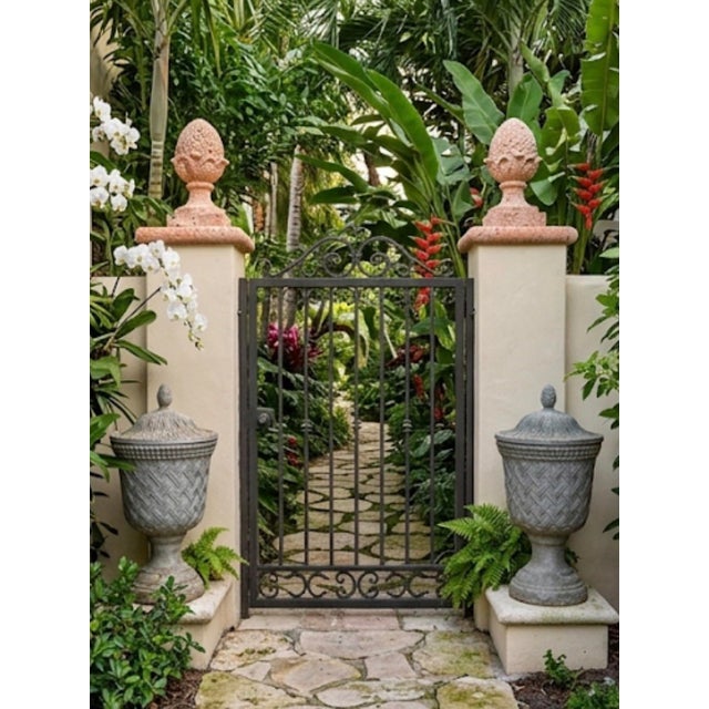 Pair of Neoclassical Style Basketweave Lead Garden Urns With Finial Lids For Sale - Image 10 of 10