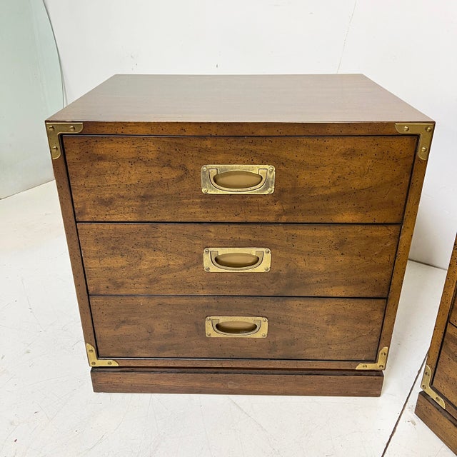 Mid-Century Modern Pair of Campaign Style End Tables / Night Stands by Drexel Circa 1960s For Sale - Image 3 of 9
