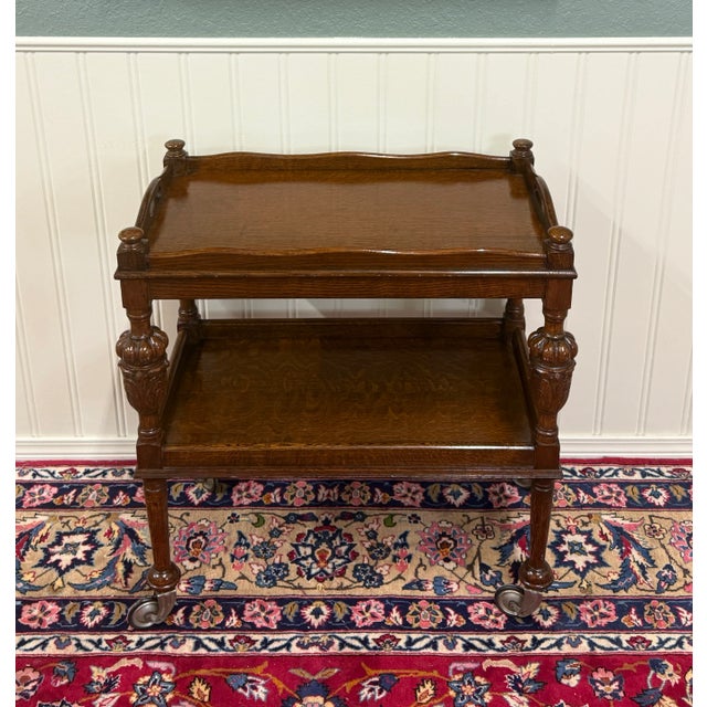 English Antique English Trolley Tea Cart Pastry Cocktail Bar Cart Tray Tudor Oak 1930s For Sale - Image 3 of 15