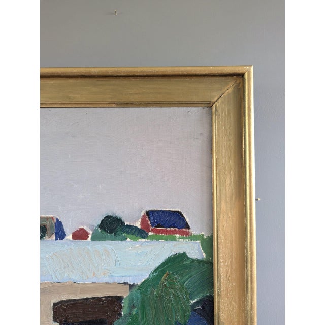 Mid-Century Modern 'Hillside Houses' Vintage Swedish Semi-Abstract Landscape Oil Painting, Framed For Sale - Image 6 of 12