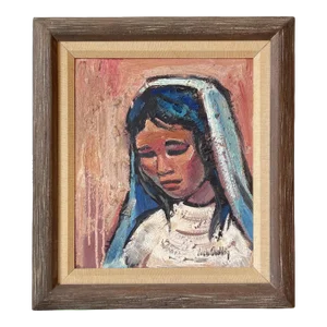 Mid 20th Century Modern Portrait Oil Painting of a Woman in a Veil, Framed