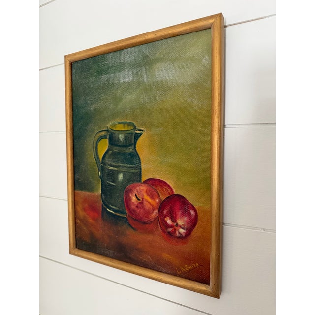 Vintage Still-Life Painting of a Dark Green Ceramic Pitcher and Red Apples, by Artist Lr Smith For Sale - Image 4 of 9