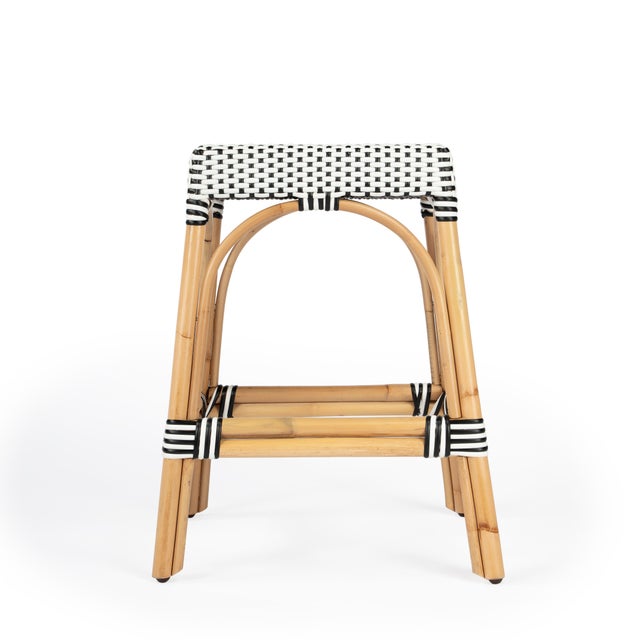 Spritely Home Accent Furniture Robias 24.5 in. Seat Height Rectangular Rattan Backless Counter Stool with Footrest, White/Black Dot/ Natural Rattan Frame For Sale - Image 4 of 8