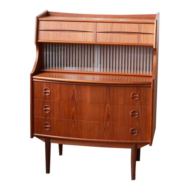 1960s Attributed to Gunnar Falsig Teak Sliding Glass Door Petite Secretary Desk For Sale