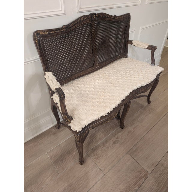 Vintage French Louis Style Cane Back Bench Settee With Carved Wood Frame For Sale - Image 4 of 9