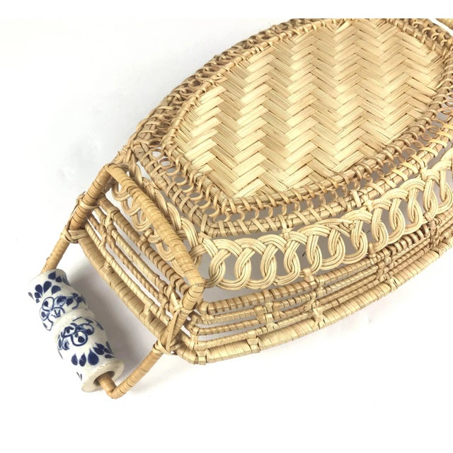 Wood Antique Basket With Delft Ceramic Handles For Sale - Image 7 of 11