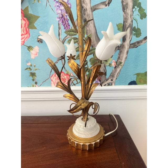 Mid 20th Century Hollywood Regency Alabaster Gilt Tole Table Lamp For Sale - Image 9 of 12