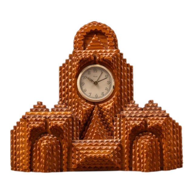 Vintage Black Forest Tramp Art Uranium Mantel Clock For Sale