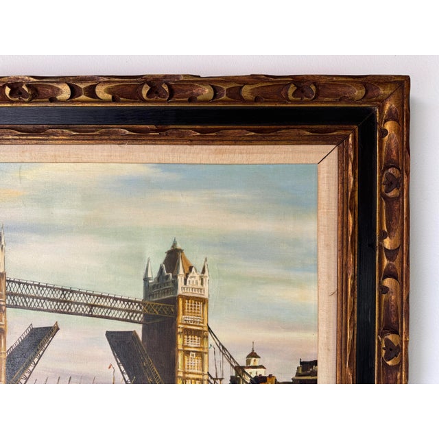 Wood 1970's Vintage London Tower Bridge Oil on Canvas Painting, Signed For Sale - Image 7 of 12