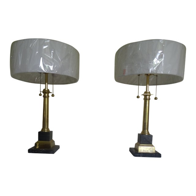 Chapman Style Classic Brass & Marble Column Lamps - A Pair For Sale