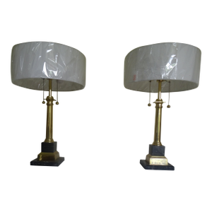 Late 20th Century Classic Brass & Marble Column Lamps - a Pair