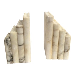 Vintage White Alabaster Book Shaped Bookends - a Pair For Sale