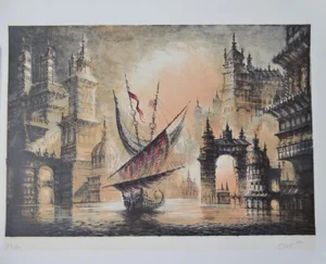 1976 "The Red Sail" Pierre Clayette Nautical Lithograph