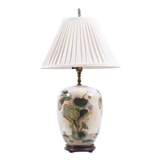 Asian Lily Pond Motif Ceramic Table Lamp For Sale
