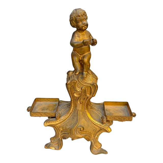 Antique French Rococo Gilt Brass Cherub Figural Double Inkwell Desk Stand 7.5” For Sale