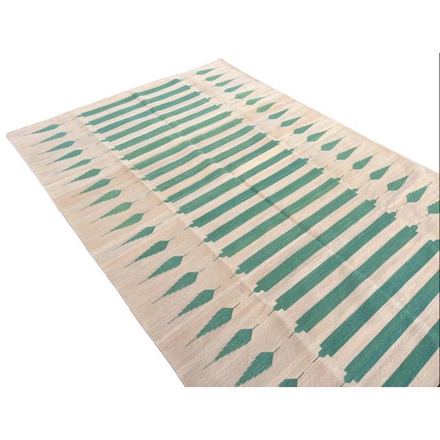 Mustard Handwoven Cotton Area Rug, Vegetable Dyed Yellow and Green Striped Dhurrie - 5'x7' For Sale - Image 8 of 10