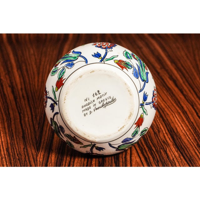 Vintage Mediterranean Hand Painted Colorful Rhodish Floral Pattern Ceramic Vase For Sale - Image 10 of 11