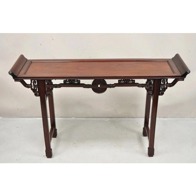 Vintage Chinese Oriental Fretwork Carved Hardwood Altar Console Hall Table. Circa Late 20th Century. Measurements: 34" H x...
