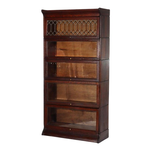 Grand Rapids Arts & Crafts Oak Stack Barrister Bookcase With Leaded Glass C1910 For Sale