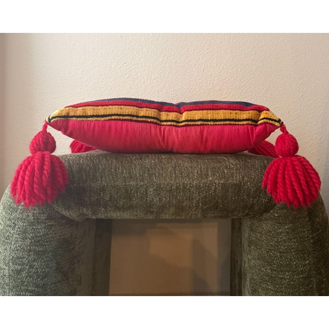 Vintage Handwoven Geometric Pillow With Oversized Red Tassels For Sale - Image 4 of 4