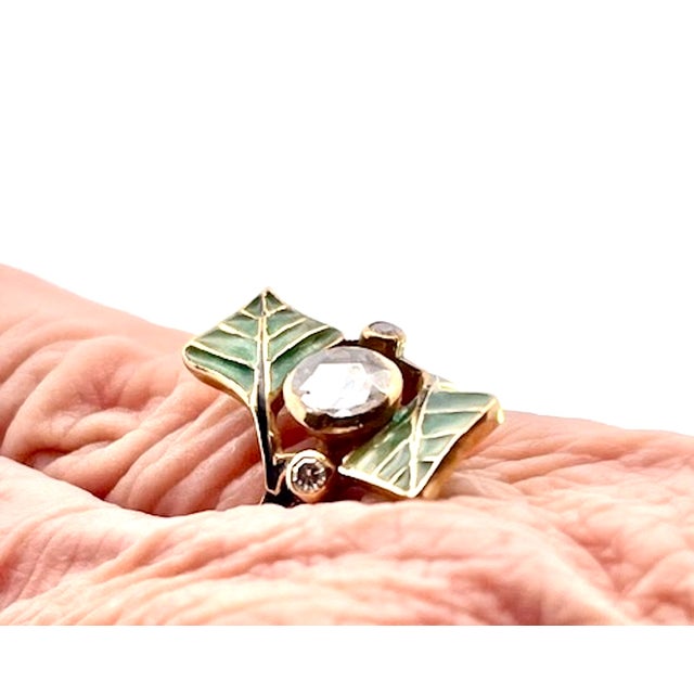 Gemstone 1930s Art Nouveau Diamond and Plique a Jour Ring, Size 6 For Sale - Image 7 of 13