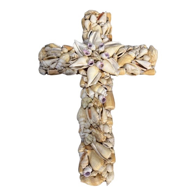 1950s Beautiful Handmade Sea Shell Crucifix Cross 16" Height, 11” Wide, Wall Decor For Sale